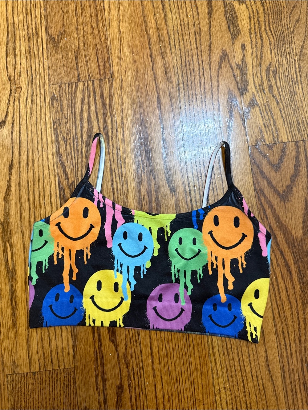 Kids Black Smiley Sports Bra with Neon Drip Print